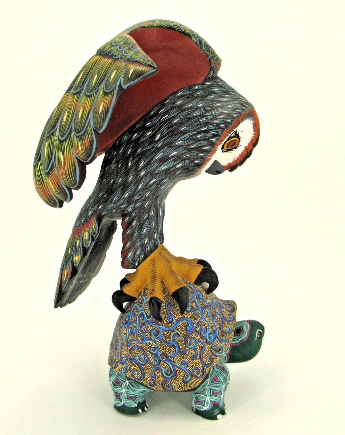 Oaxacan Wood Carving by Raul Ibanez "Owl on top of Tortoise" Mexican Folk Art