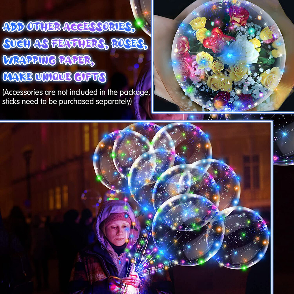50 Pack LED Light Up BoBo Balloons 20" Party Birthday Transparent Bubble Balloon
