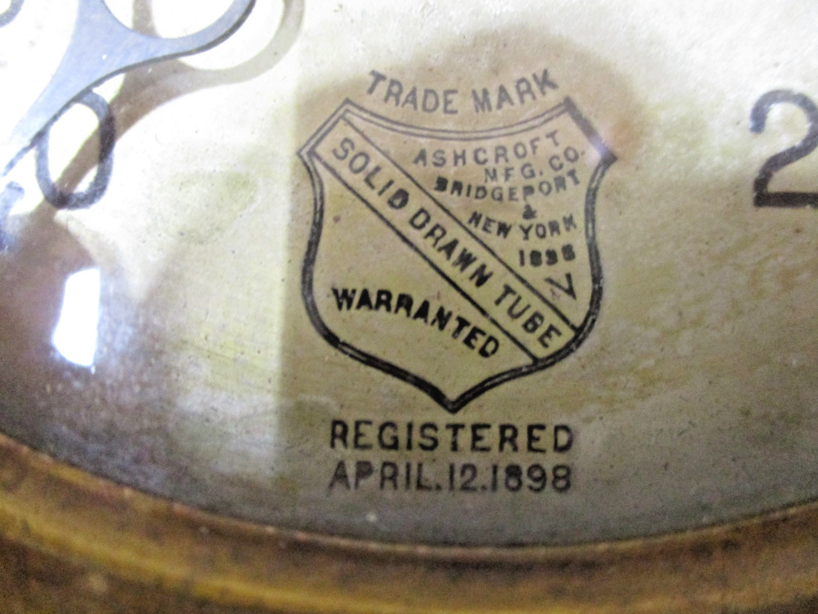 Vintage Ashcroft Mfg. Co. 6" Brass Gauge, Glass Face 0-200, Reg- 4/12/1898