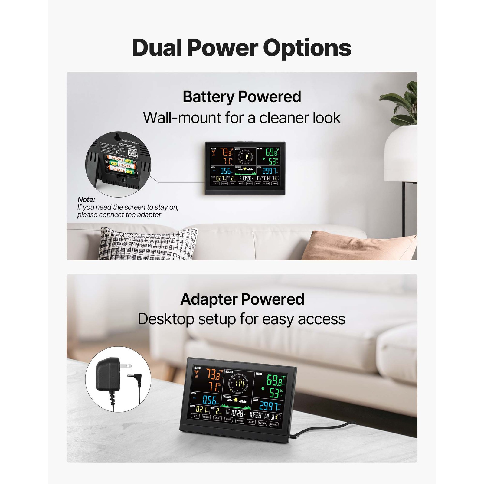 Uimoso 7-in-1 Wireless Weather Station 7.5'' Display and Indoor-Outdoor Sensor