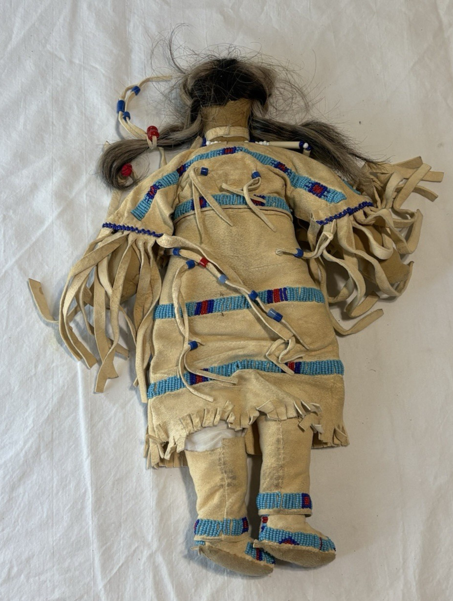 Vintage Native American Handmade Buckskin Beaded Doll 16"” Real Hair