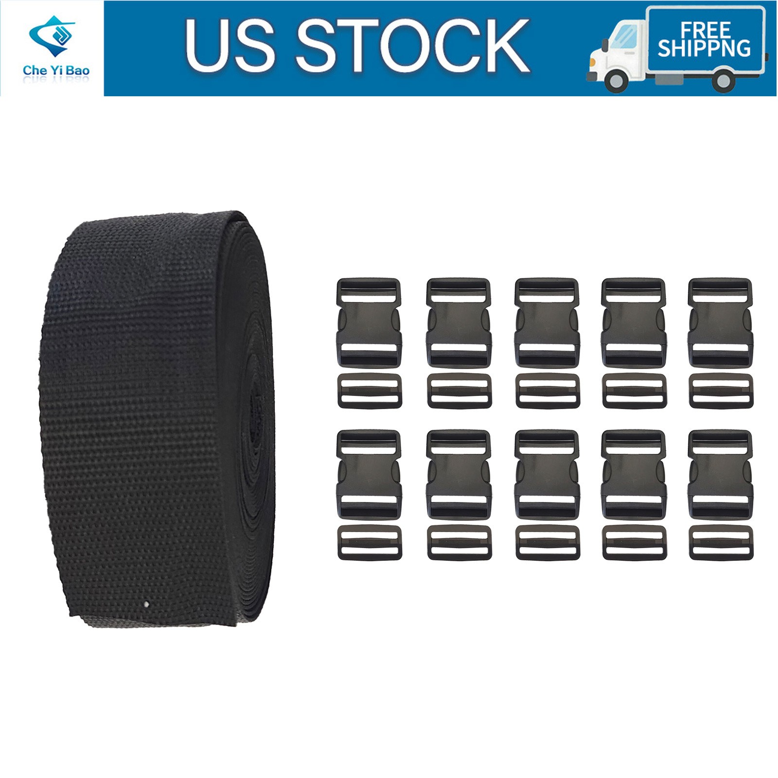 2 Inch/5cm 11 Yards Nylon Webbing Strap w/10 Set Plastic Buckles Side Release