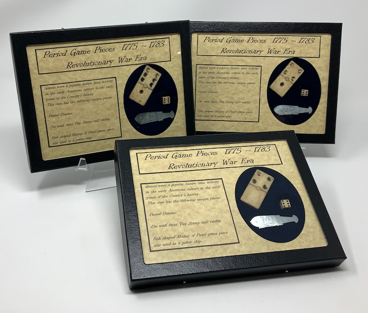 Revolutionary War Era Game Pieces Domino, Stamp Act Dice, & Poker Chip with Case