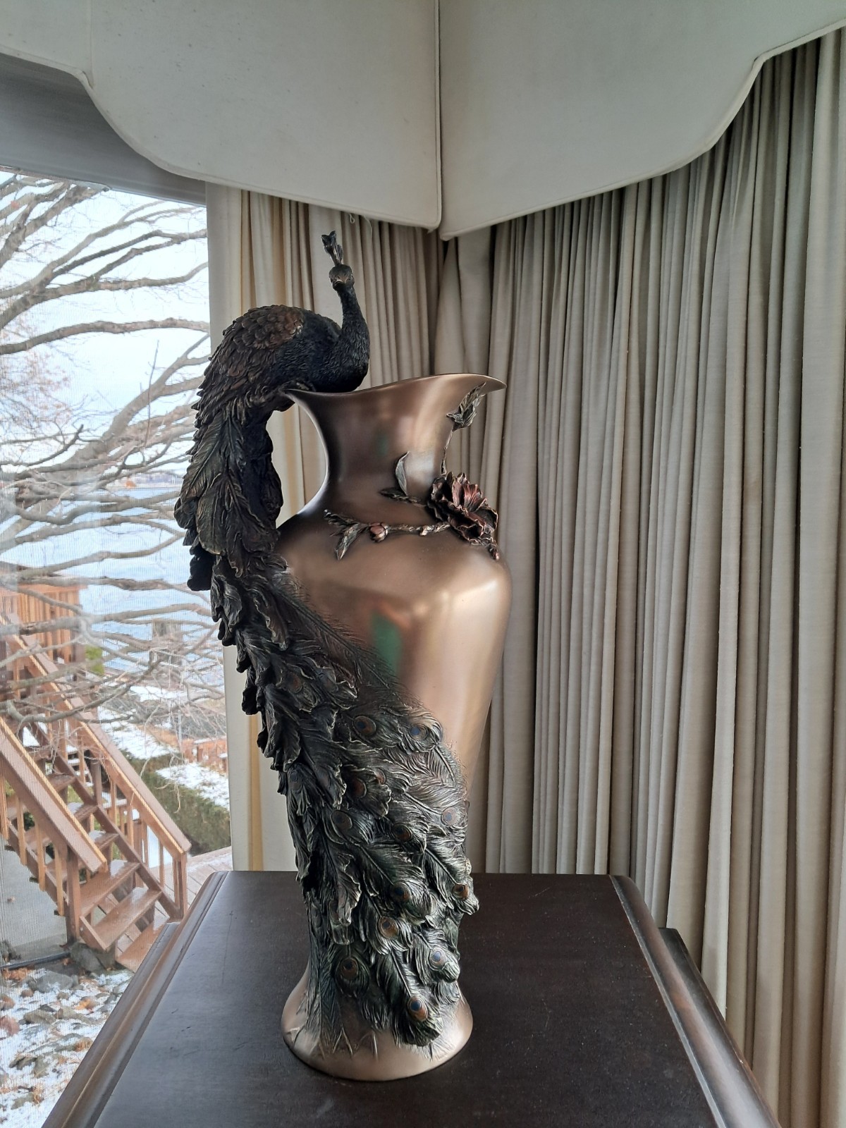 Bronze Style Prunus And Peacock Large Decorative Flower Vase ~ 19.5" Signed