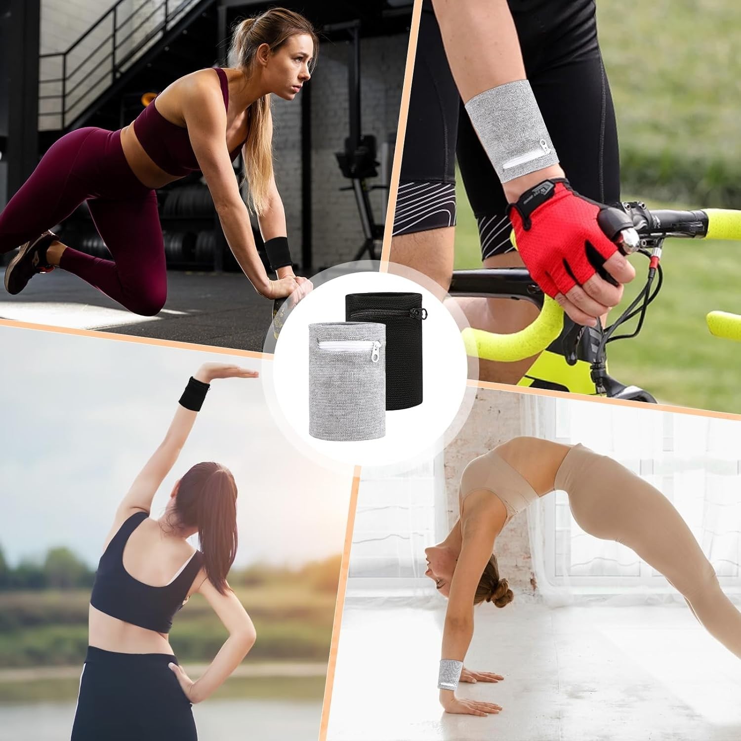 Abeillo 4PCS Wrist Wallet, Wrist Sweat Bands with Zipper, Light Comfortable Spor