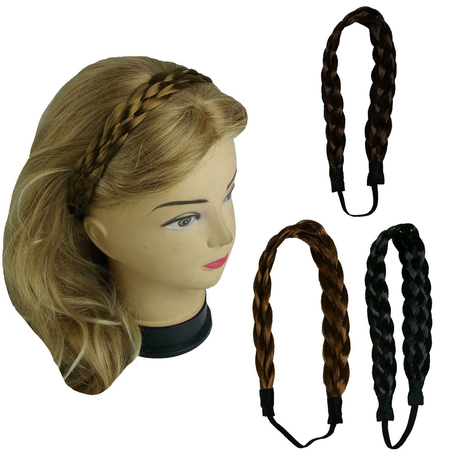 Synthetic Hair Band Plaited Headband Braided with Elastic 3/4"~1" Wide