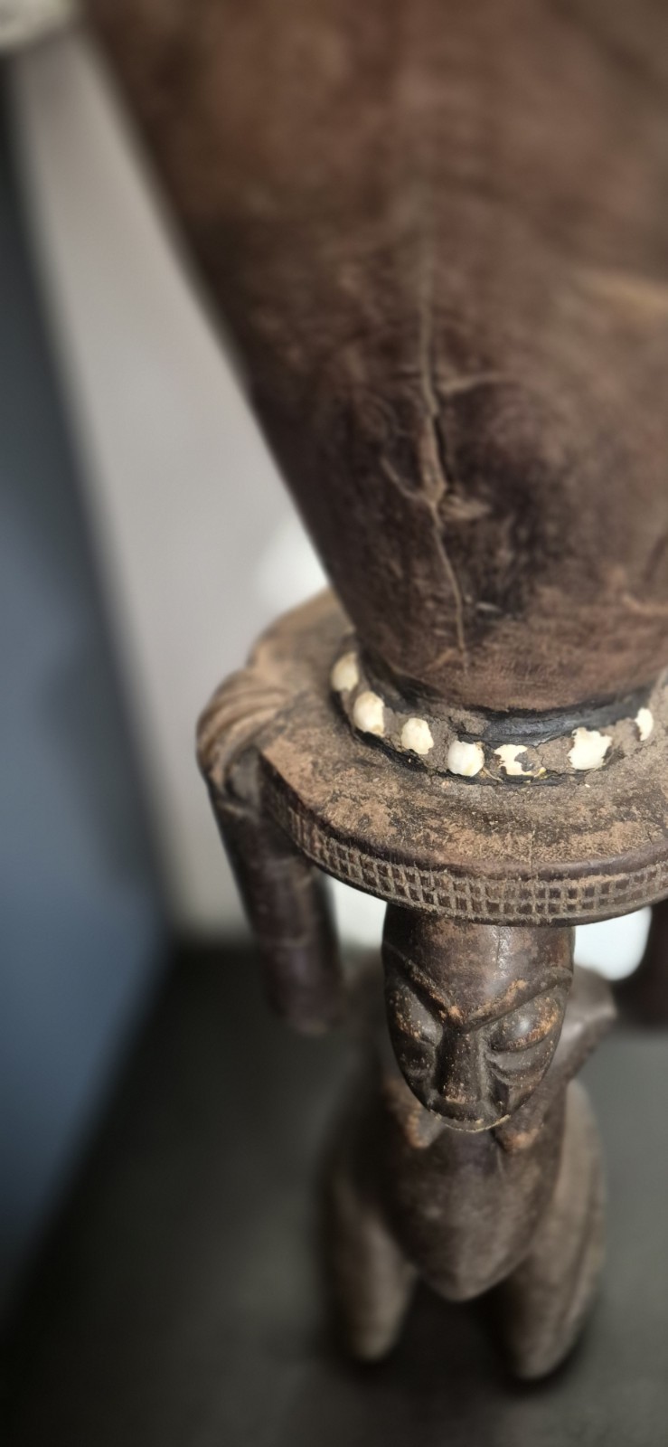 African Luba Female Wood Statue With Drum 21"H 7.5"W