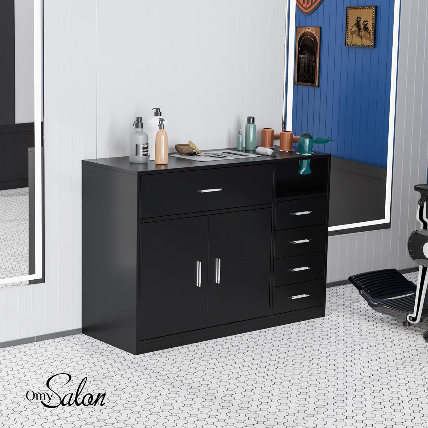Salon Station Free Standing Cabinet Barber Hair Styling Stations with 5 Drawers