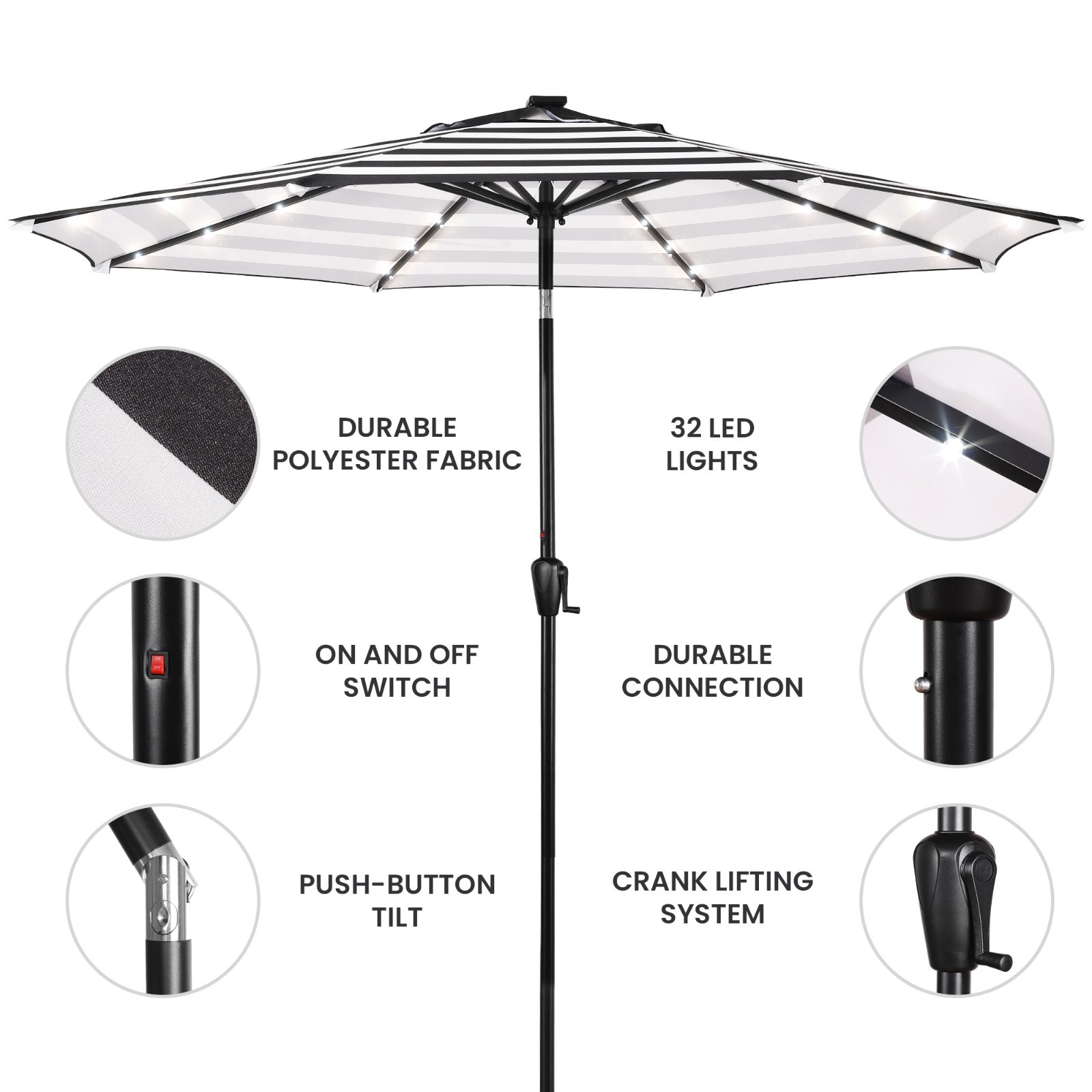 Sun-Ray9 Round Patio Umbrella with Solar Powered LED Lights, Tilt and Crank Lift