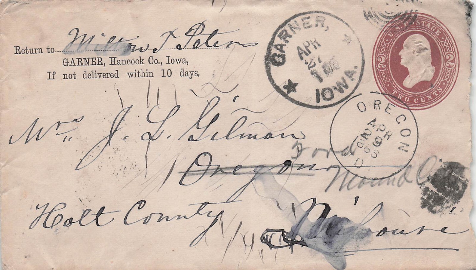 1886 US Cover 2c Stamp Concord Hancock Co Garner Iowa Brockway Elder Attorneys