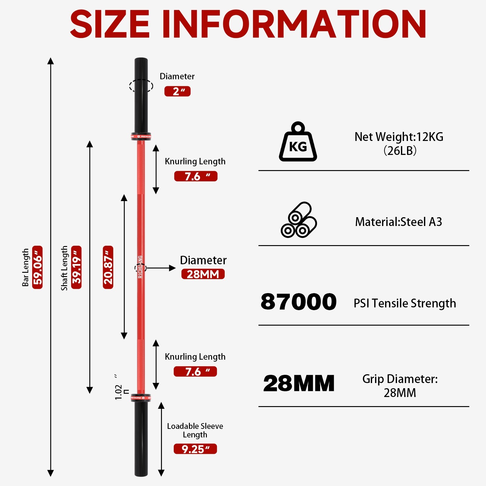 RICHUANG 5FT Olympic Barbell 28mm 2" Weight Bar 500LB Capacity A3 Steel for Gym