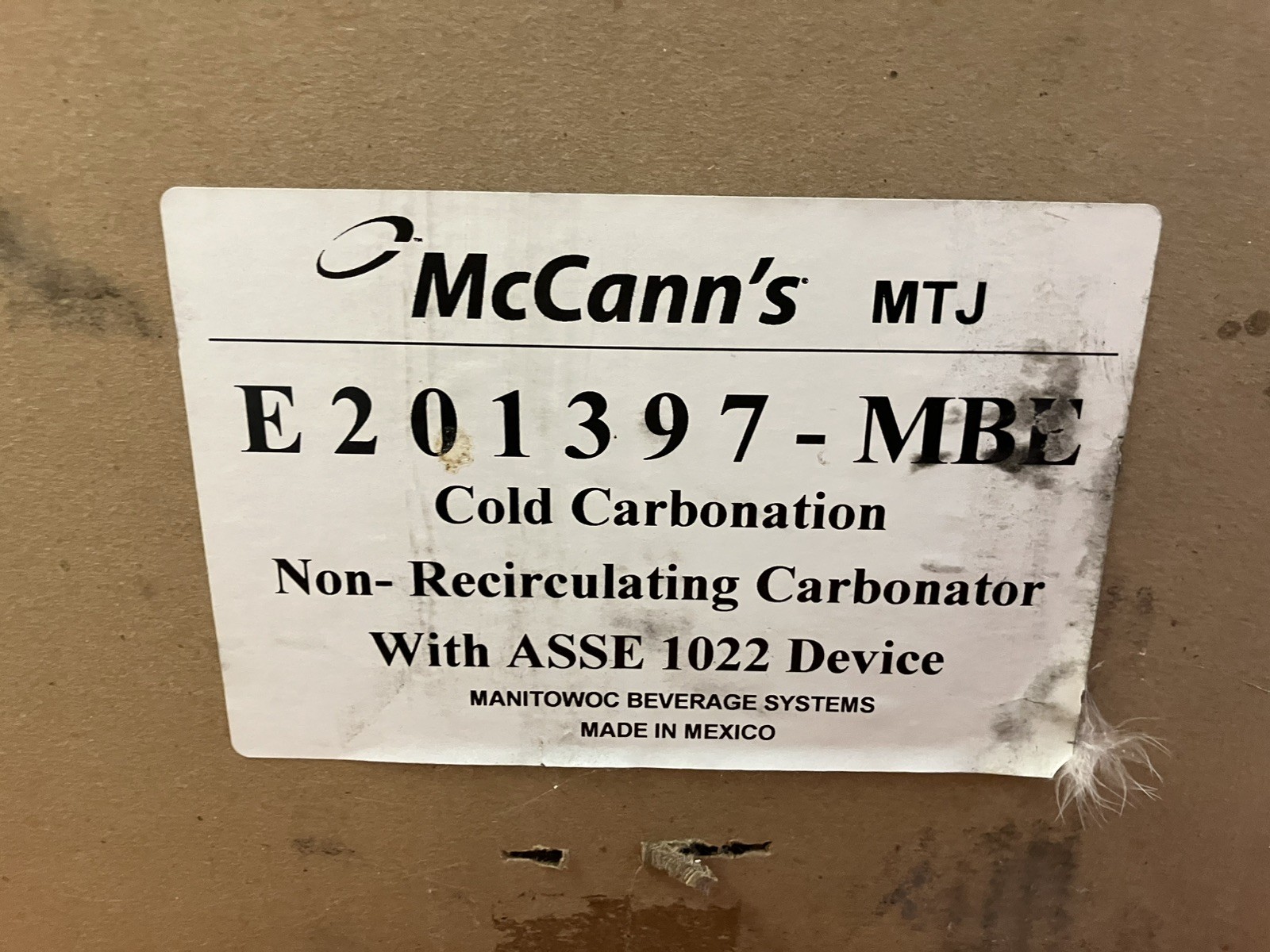 McCann's MTJ Cold Carbonation Non- Recirculating Carbonator E201397 MBE