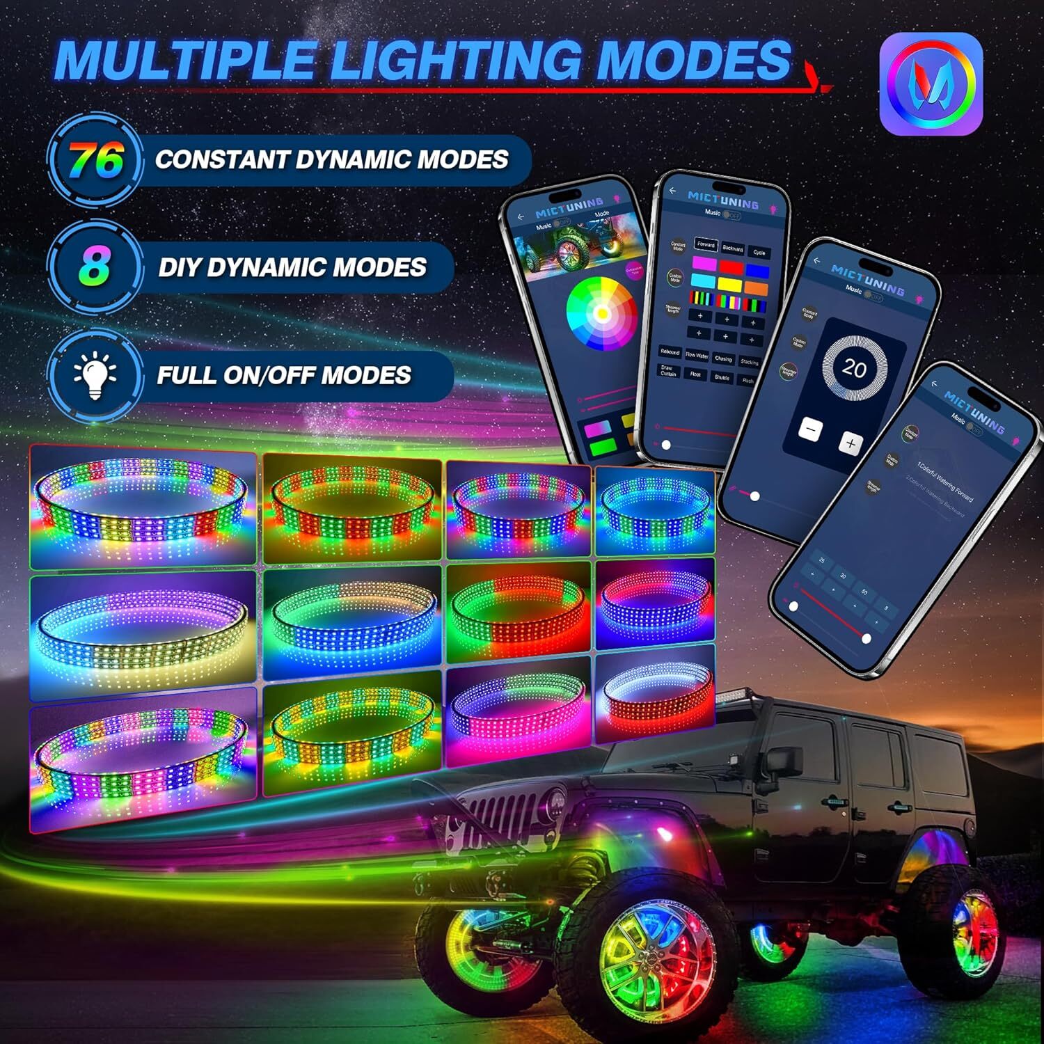 MICTUNING 17inch V1 RGB+IC Chasing Color Wheel Ring Lights Kit with APP Control