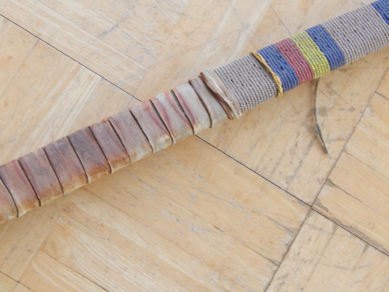 VINTAGE 48" t MID CENTURY NORTHERN PLAINS BEADED HIDE BACKED BOW - NICE !