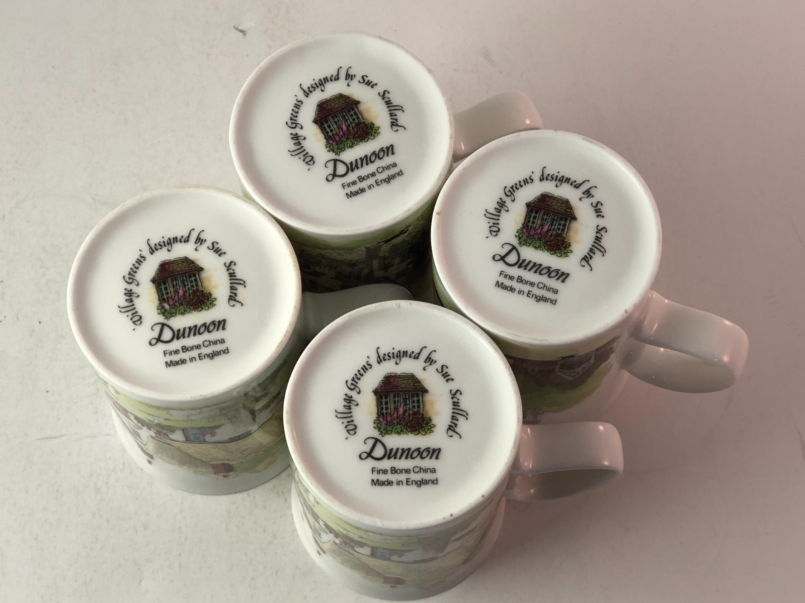 Set of 4 Dunoon Village Greens Bone China Coffee Cups Mugs Sue Scullard England