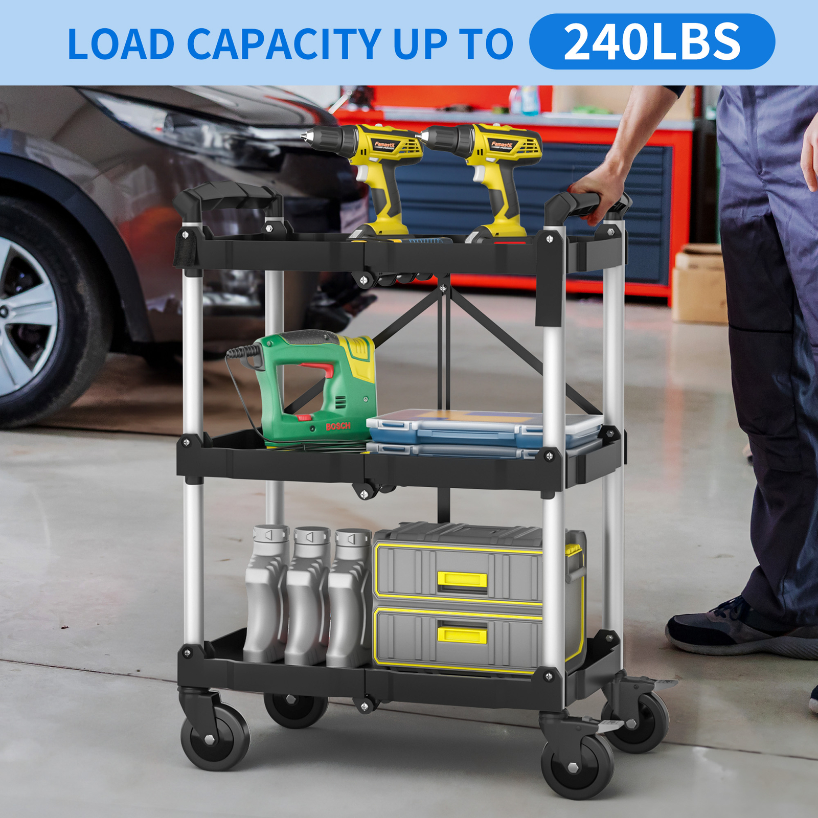 Foldable Utility Service Cart 3 Shelf 350LBS Portable Rolling Collapsible Cart