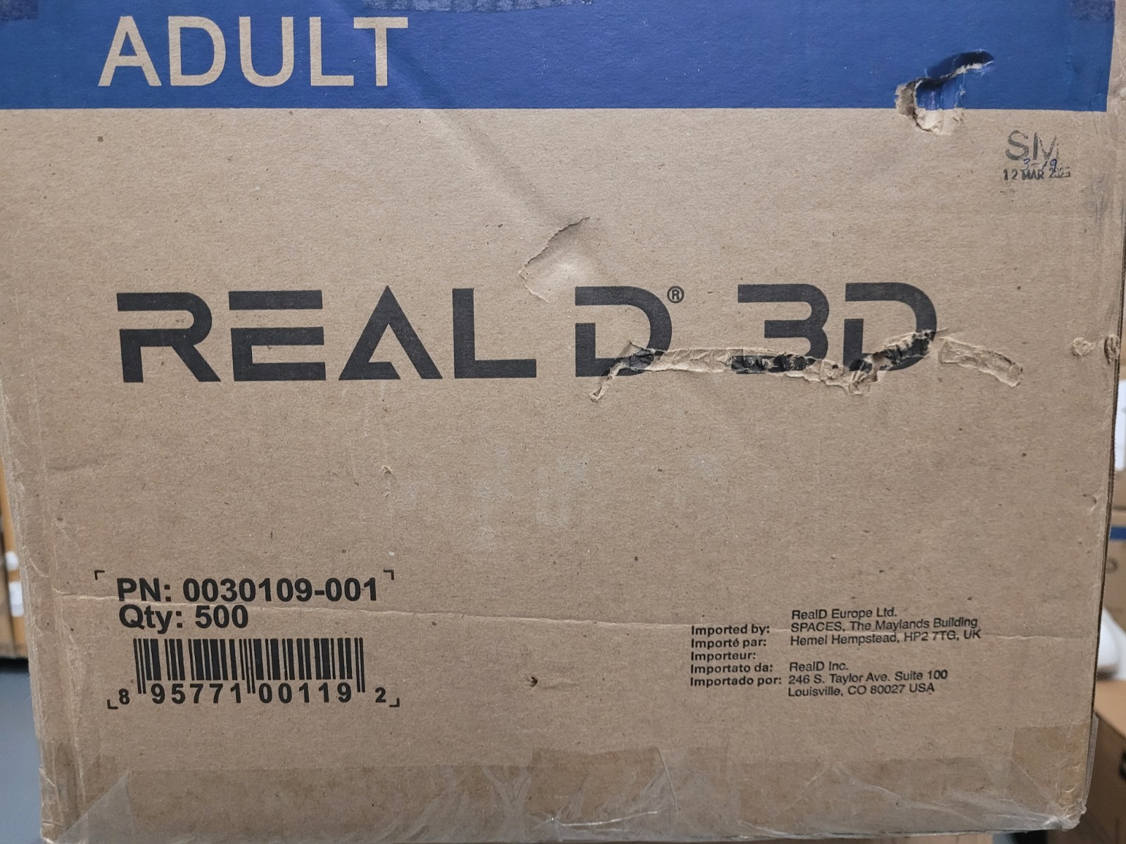 Real D 3D Glasses ADULT Size. 500 Quantity