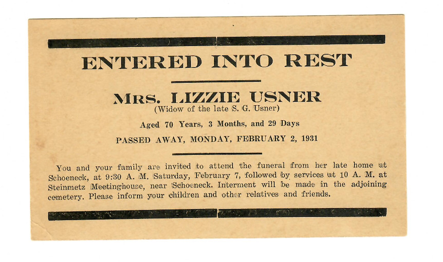 1931 Funeral Notice Postal Card Schoeneck PA (C077)