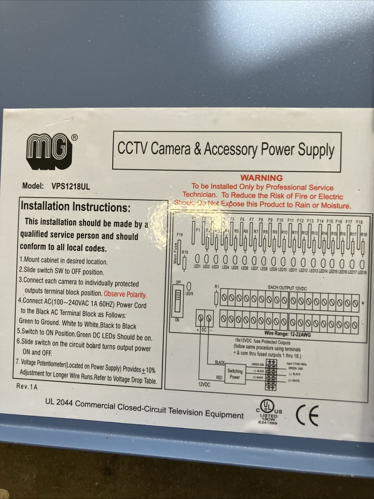 MG VPS1218UL CCTV Camera Power Supply And Audio codes MP-124