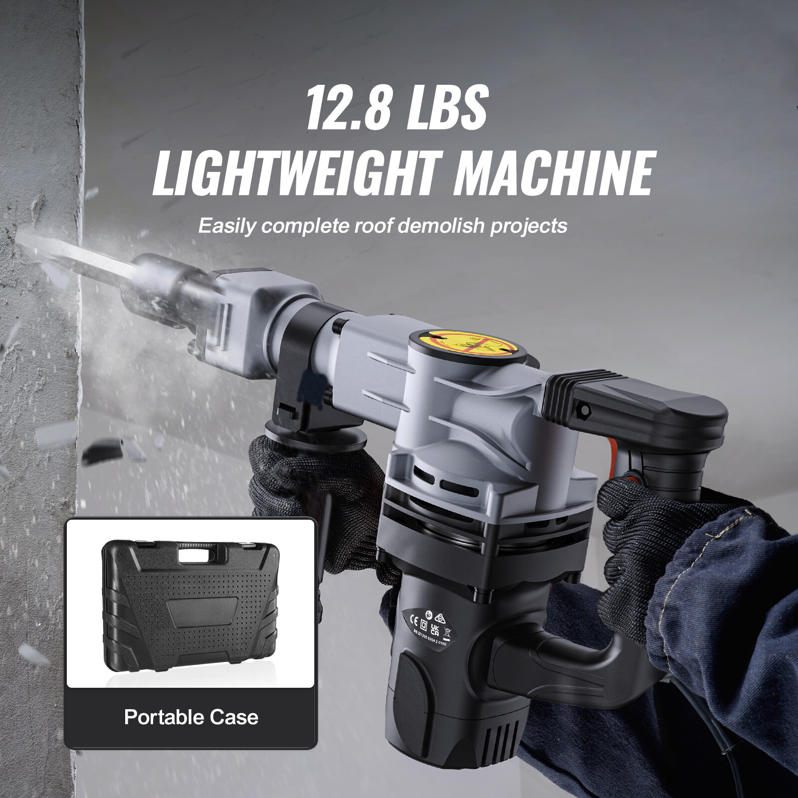 VEVOR Demolition Jack Hammer Concrete Breaker 1400W Hammer 2 Chisel Bit Black