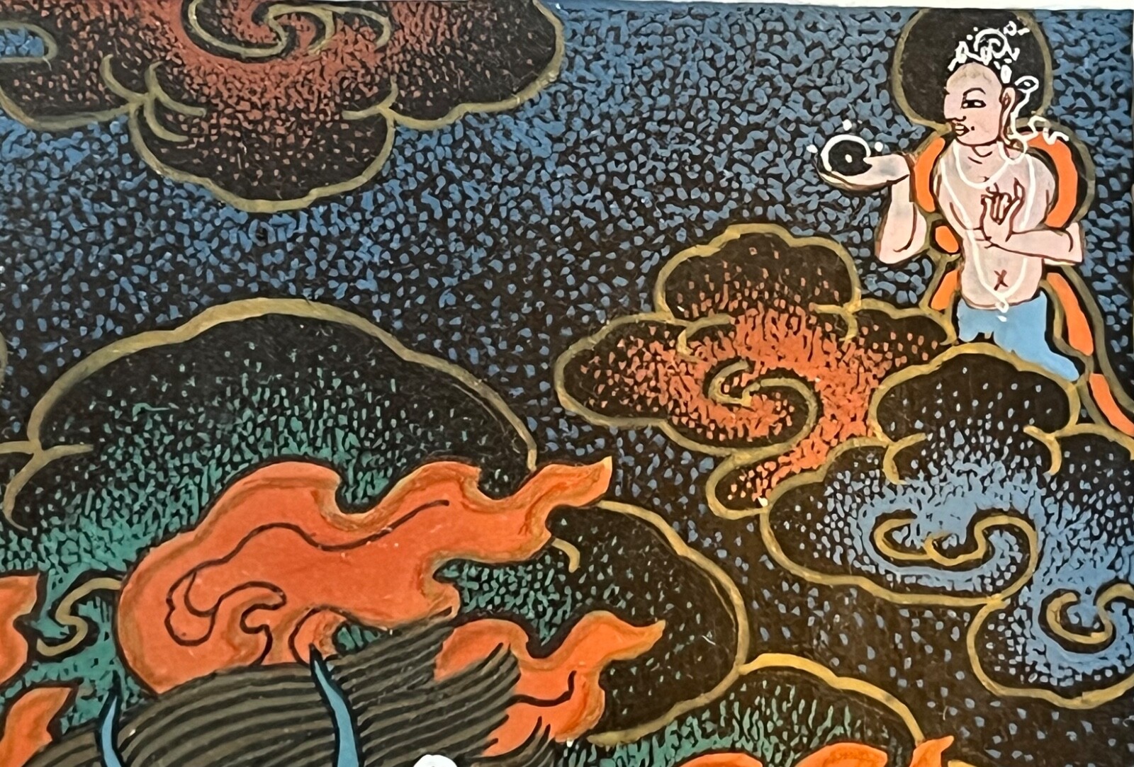 Tibetan Thangka Painted on Horn Yamantaka in Father-Mother Union