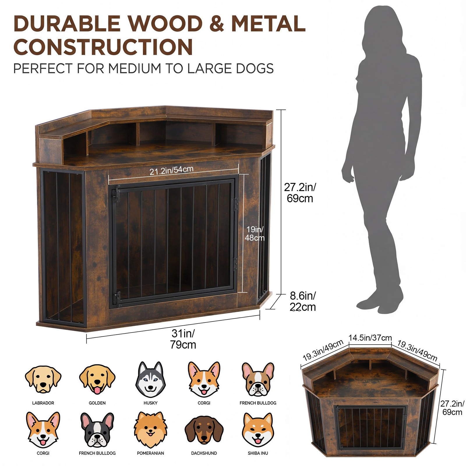 Corner Dog Crate Furniture Wooden 2-Tier Storage Shelves Anti-Chew TV Stand