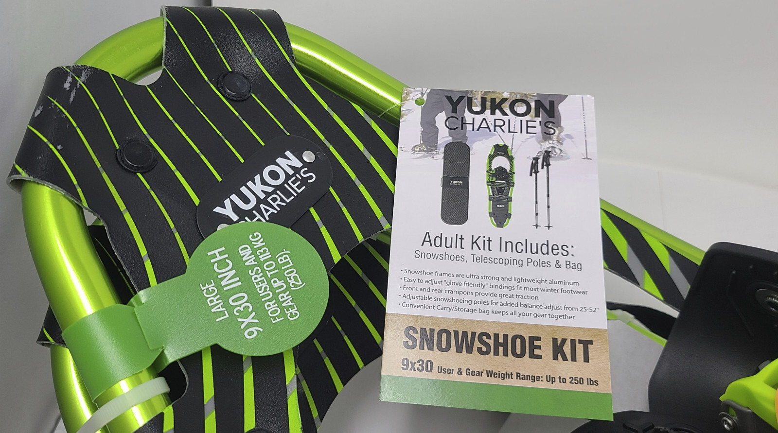 YUKON CHARLIE'S 930 Adult Snowshoe Kit w/ Poles, Bag GREEN L Up to 250lbs (480)