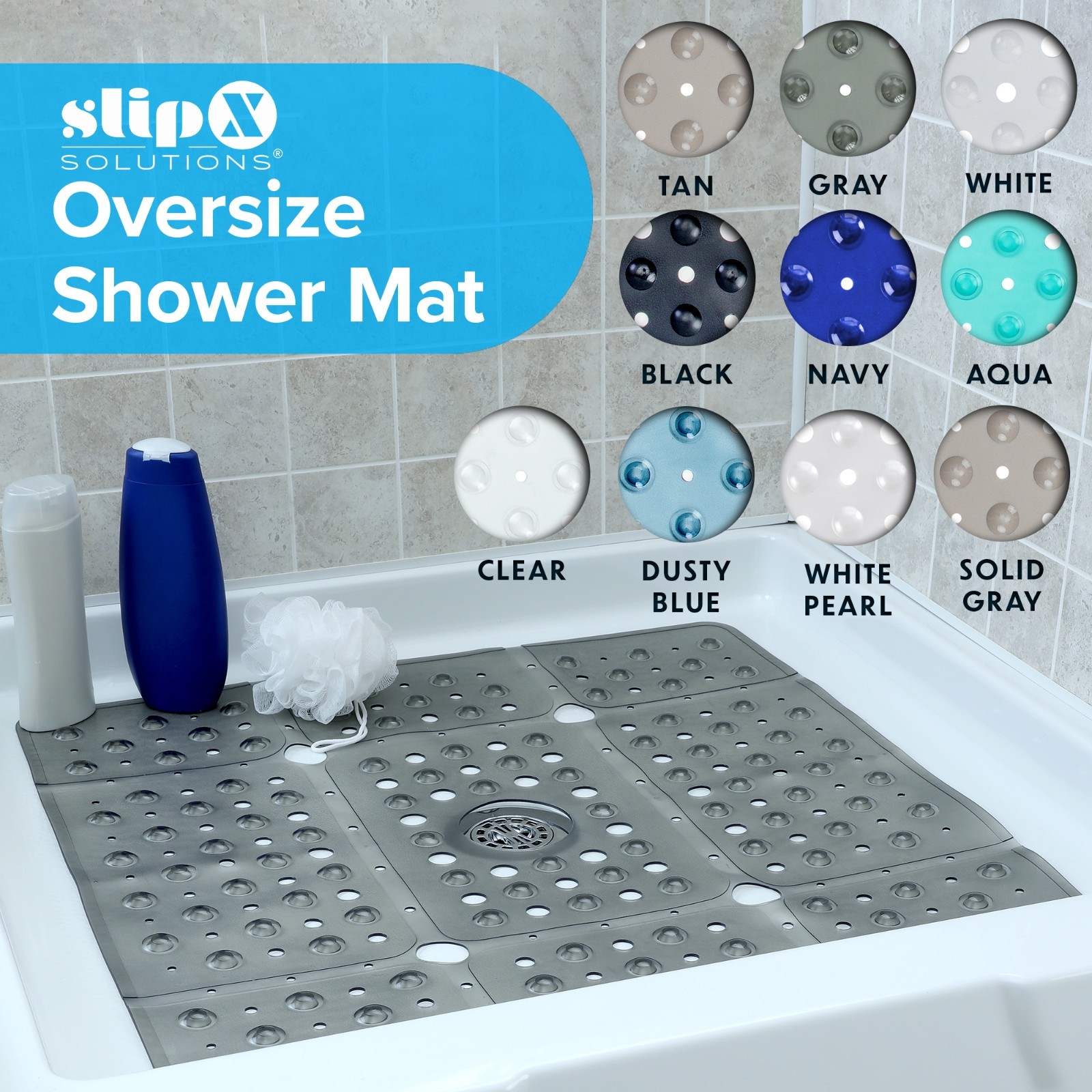 65% MORE COVERAGE! 27 Inch Oversized Square Anti-Slip Shower Safety Mat