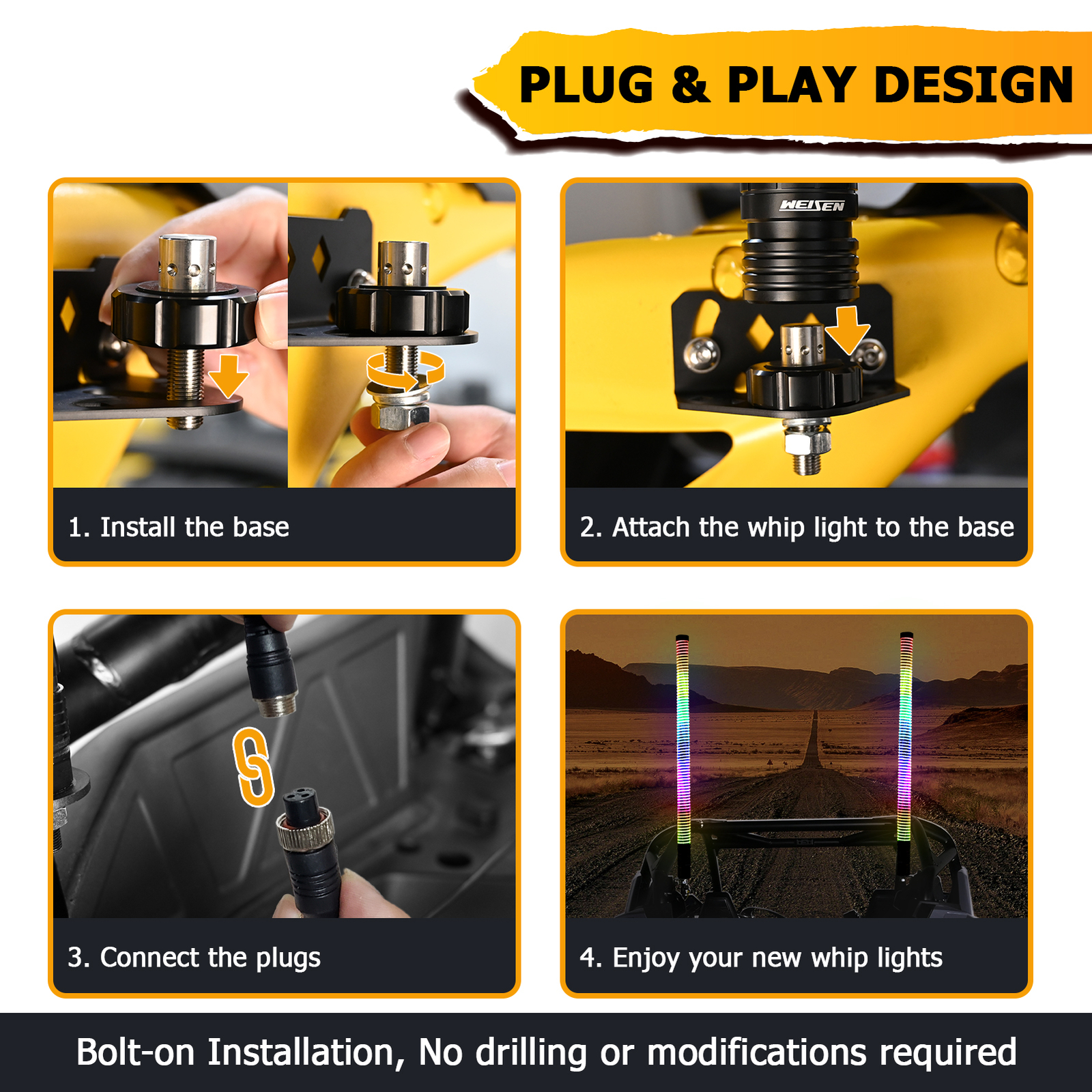 2x 3FT COB Thick LED Whip Spiral Chasing RGB Fat Whip Lights For Can Am Polaris