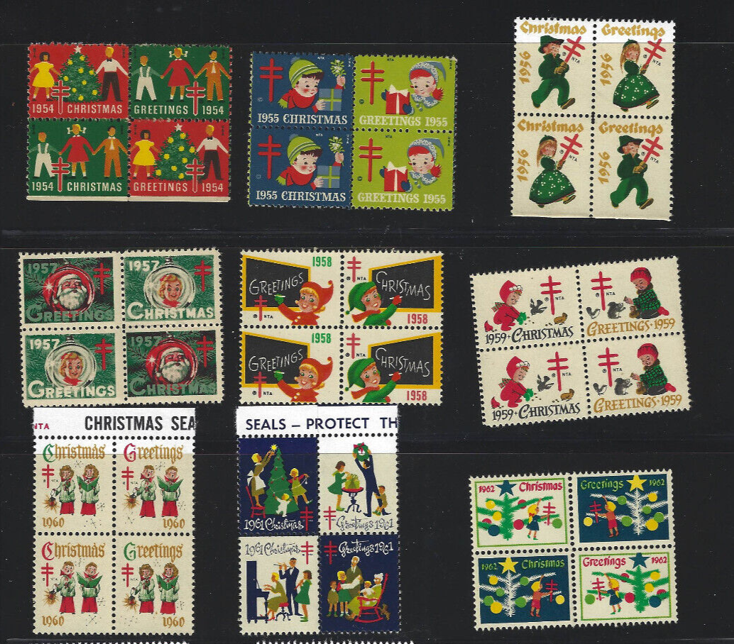 US Christmas Seals lot: one MNH set from each year 1954-1967; 66 seals!
