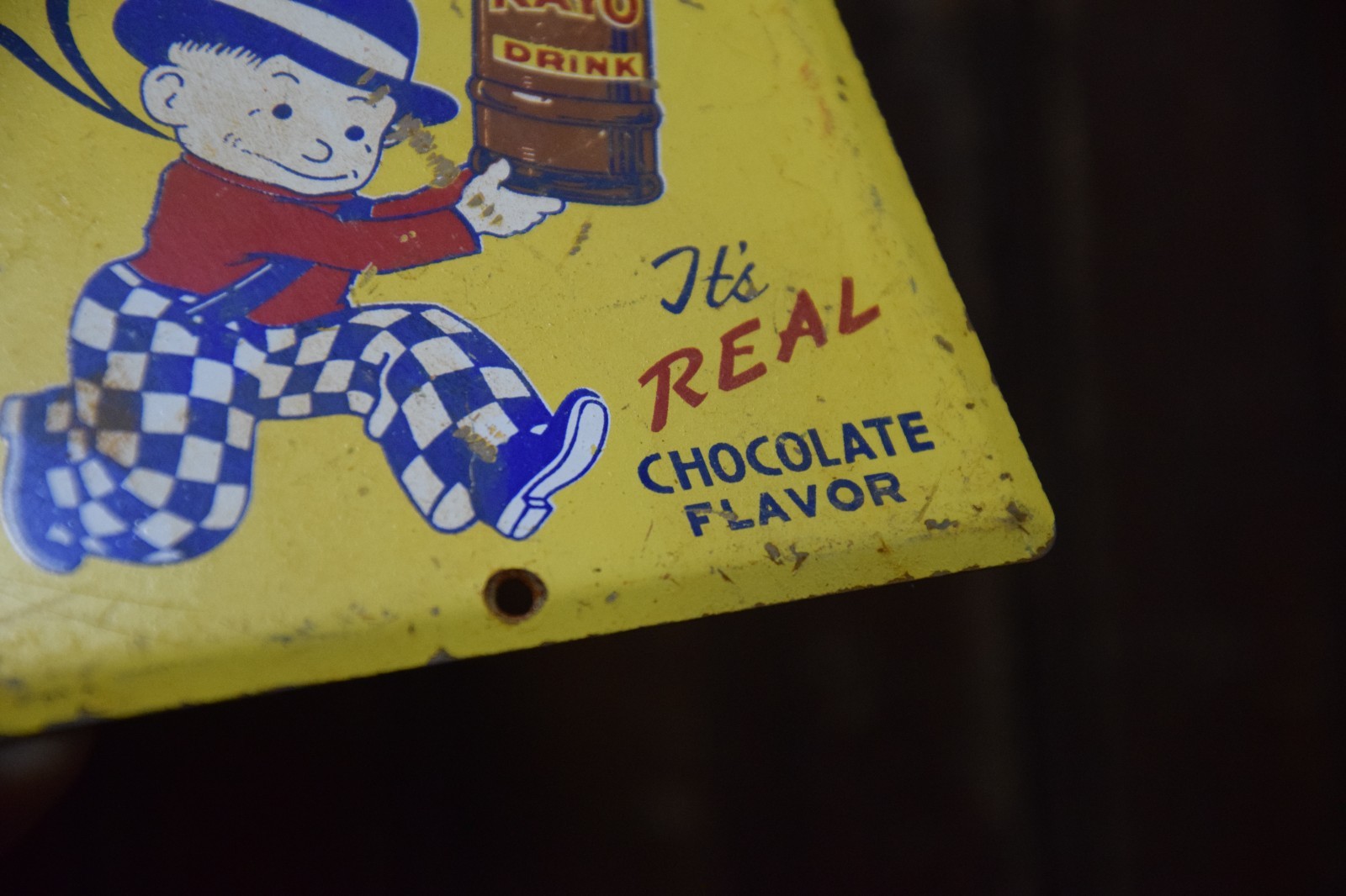 KAYO CHOCOLATE DRINK PAINTED METAL SIGN BOTTLE BOWLER MOON MULLINS CIRCA 1950s