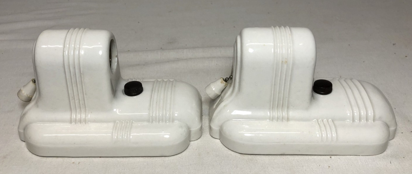 Vtg Porcelain Sconce Light Pair Bathroom Ceramic Wall Fixture Art Deco USA #L19