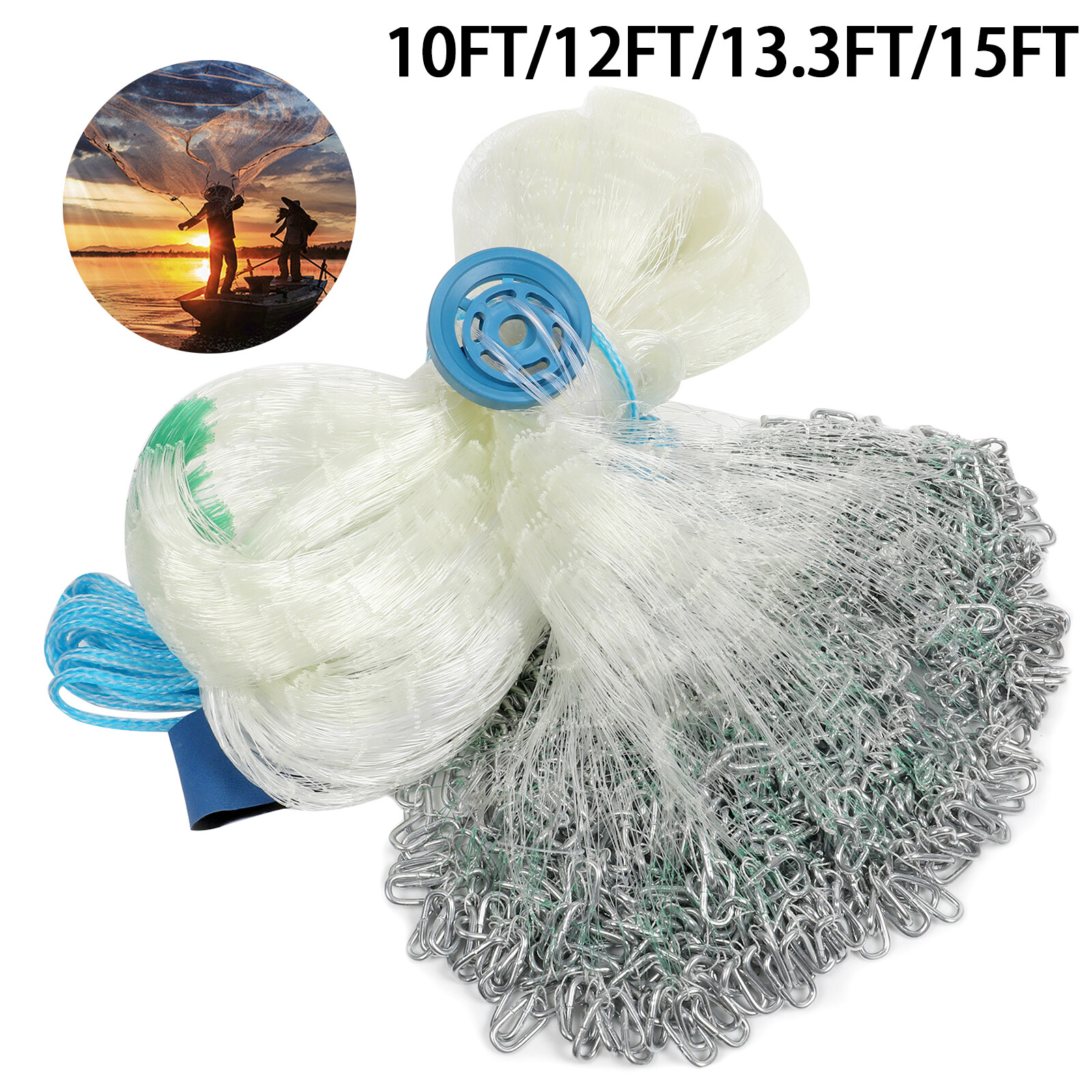 20/24/27/30ft Durable Cast Fishing Net w/ Heavier Steel Chain Sinker Boat Trap