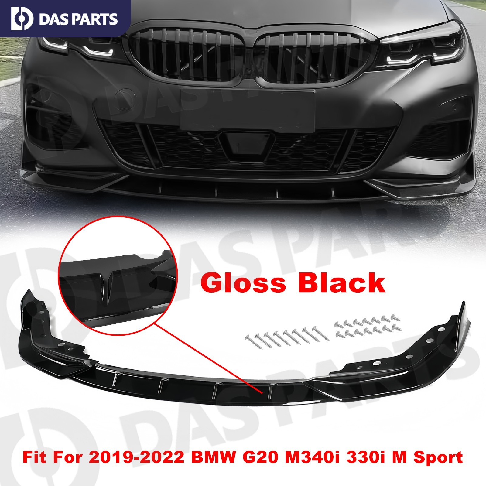 For 2019-2022 BMW G20 330i M Sport M340i GT Style Front Bumper Lip Glossy Black