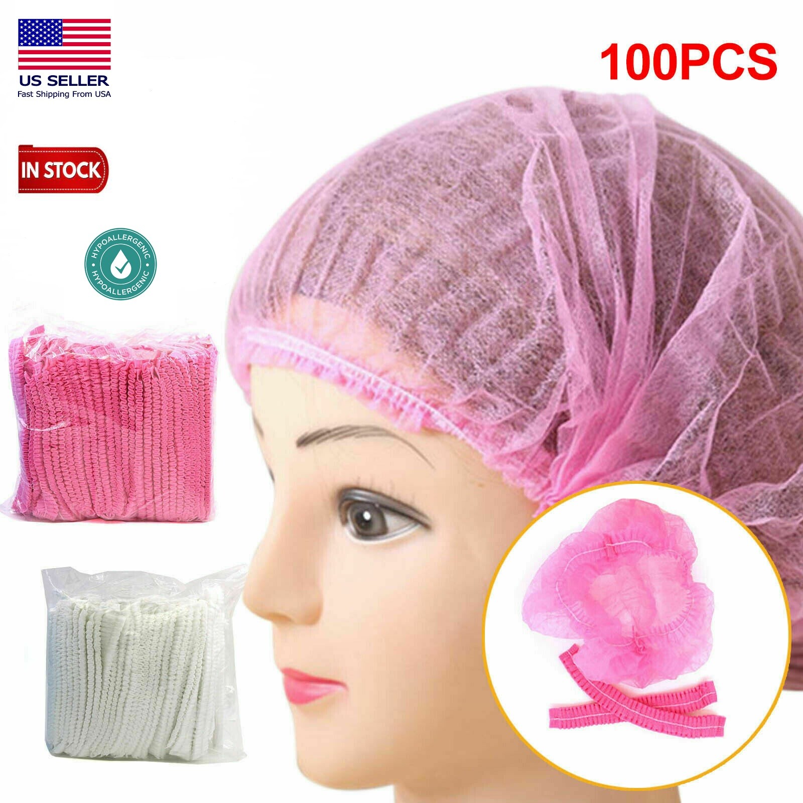 100 Disposable 18" Non-Woven Strip Mob Caps(Pink/White) Net Bouffant Head Covers
