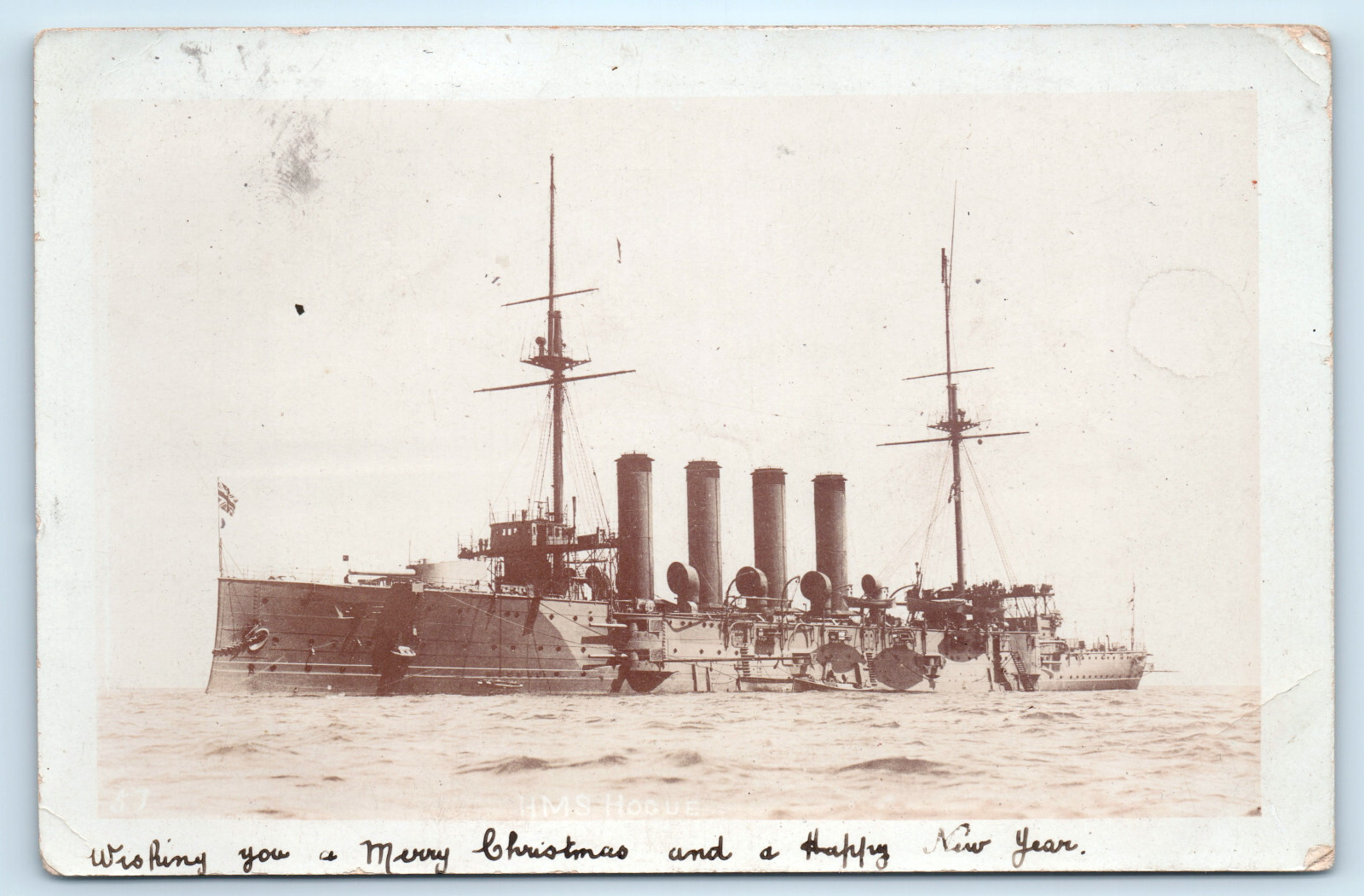 WWI HMS Hogue Royal Navy British Cruiser Ship Real Photo Postcard