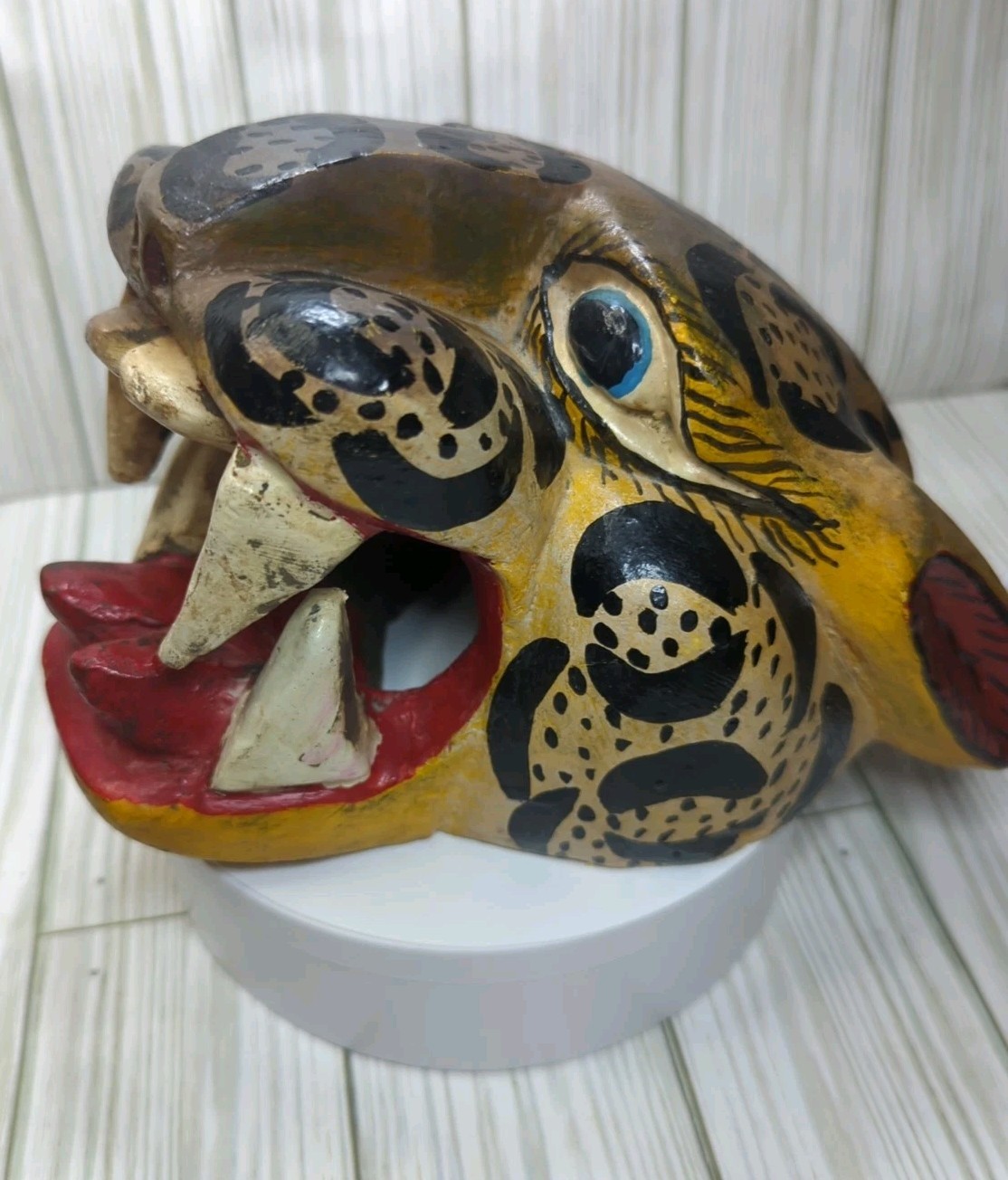 Mexican Nahua Folk Art Guerrero Carved Wood Cat Jaguar Animal Head