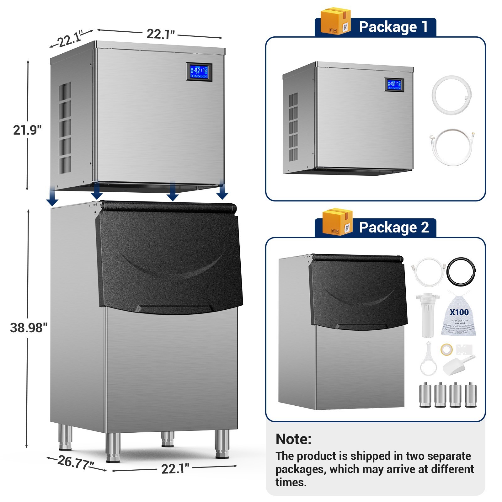 Heavy Duty 650Lbs/24H Commercial Ice Maker Machine 450Lbs Industrial Ice Machine