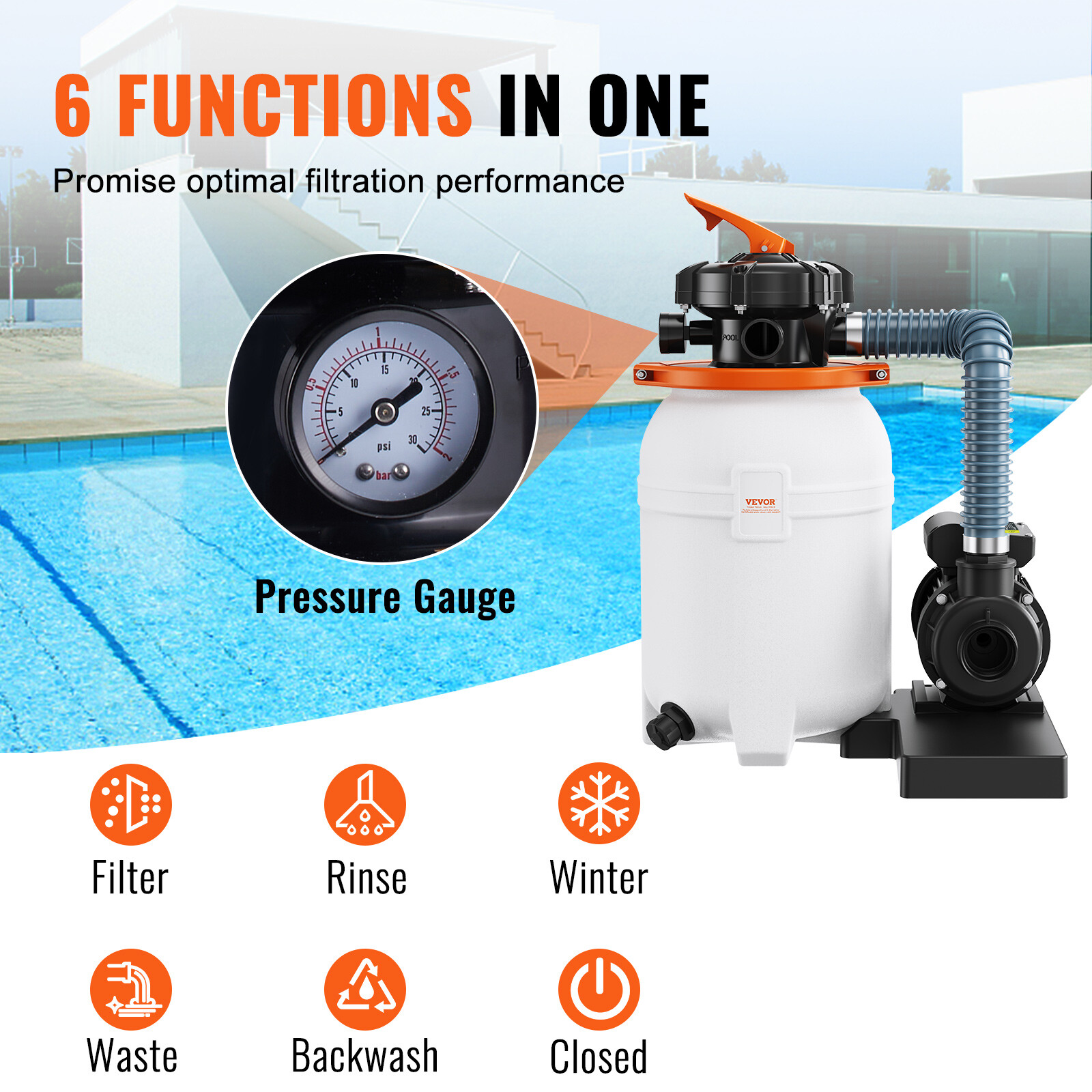 10" Sand Filter Above Ground with 1/3HP Pool Pump 1585GPH Flow 6-Way Valve