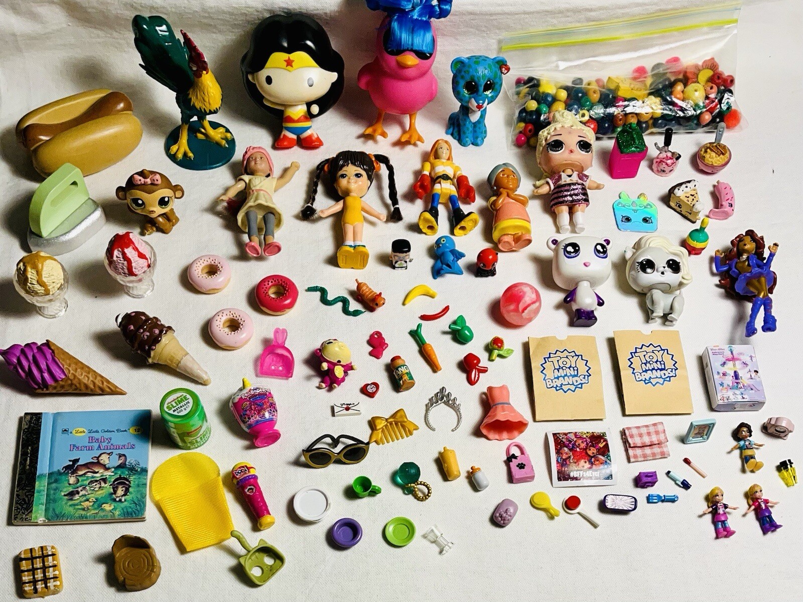 88 Piece + Girls Mixed Toy Lot Mini Dolls Pets Toys Food Mini Brands Figurines +