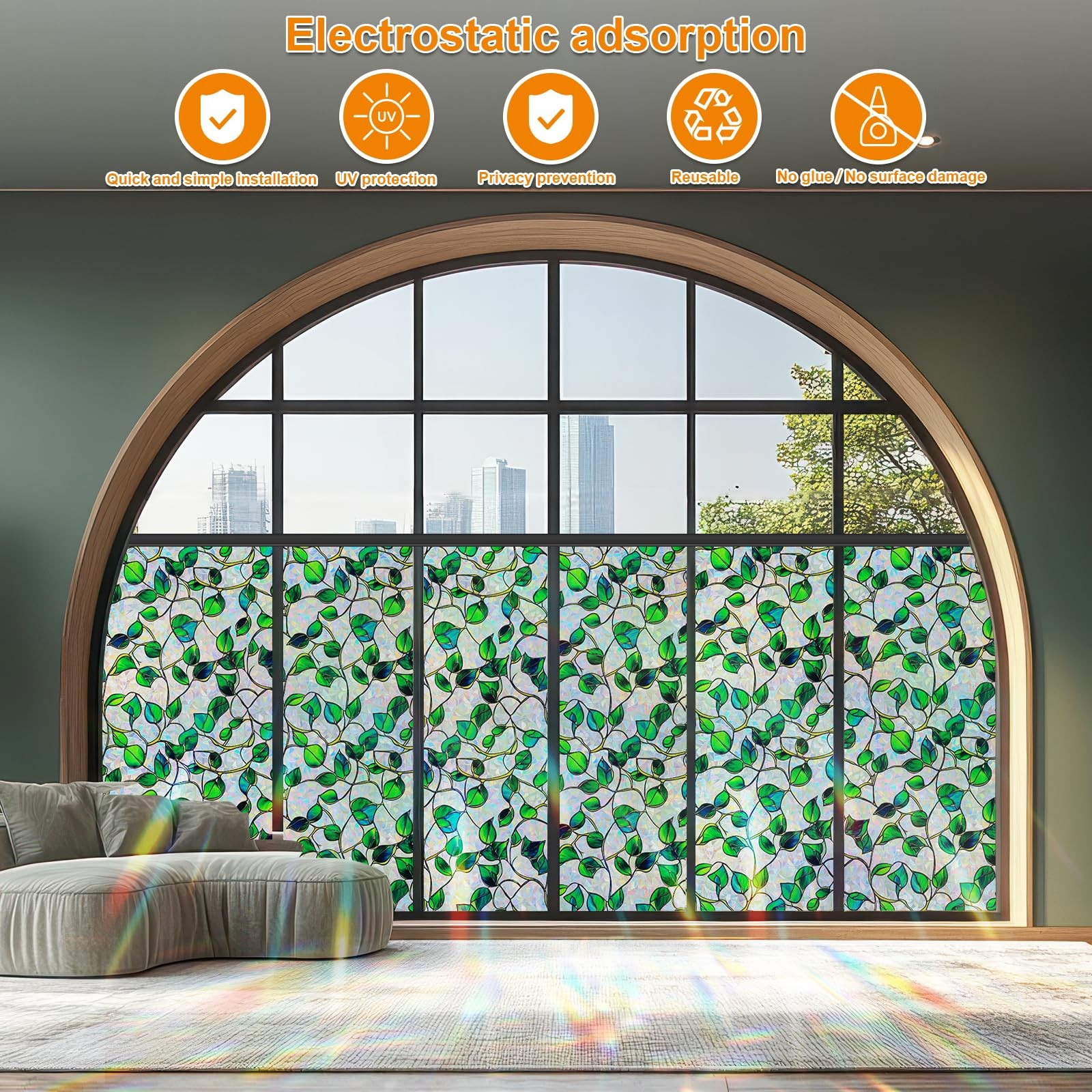 Window Privacy Film Stained Glass Decorative Static Clings Rainbow Window Tin...