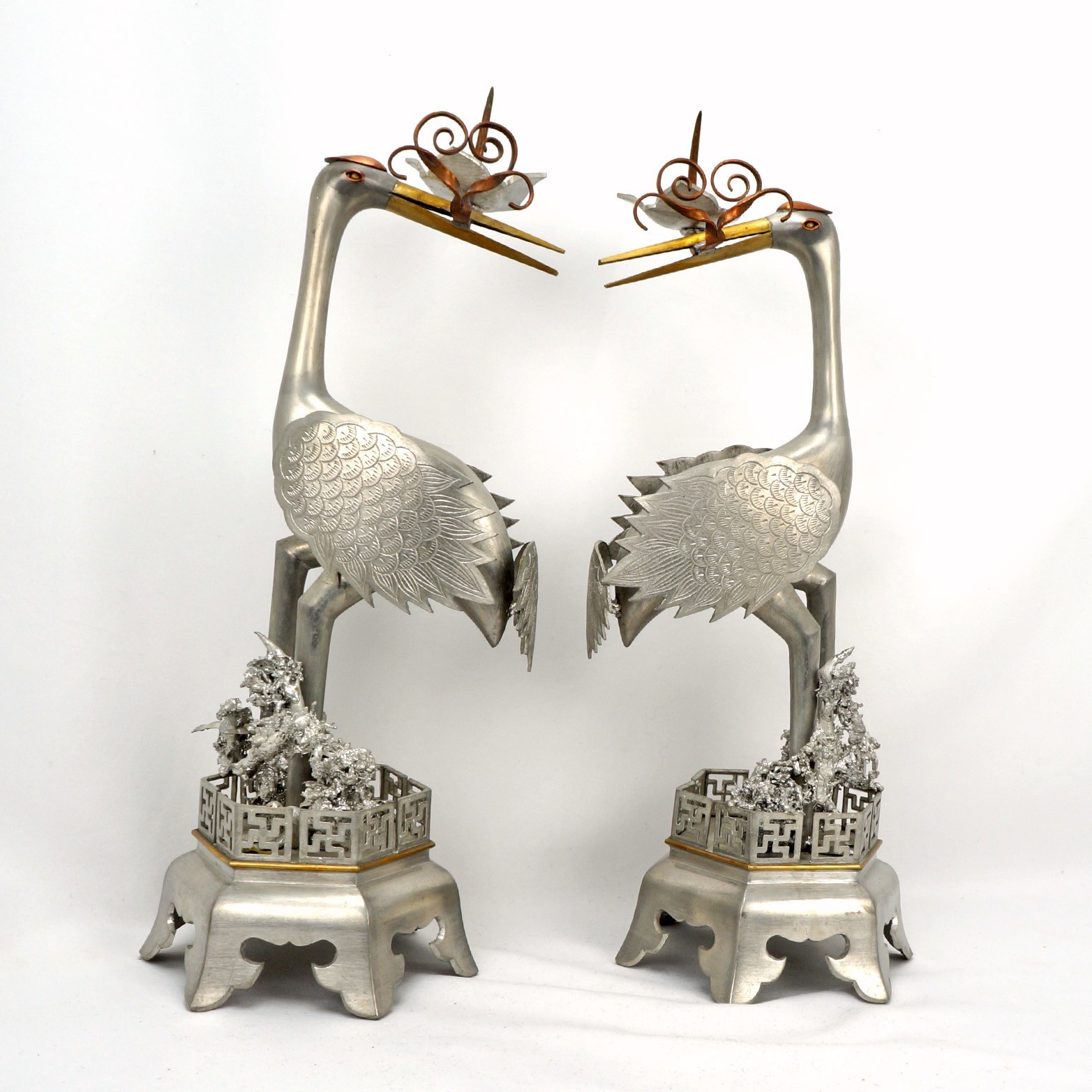 Pair Chinese Mixed-Metal Pewter Crane Sculptures Candlesticks