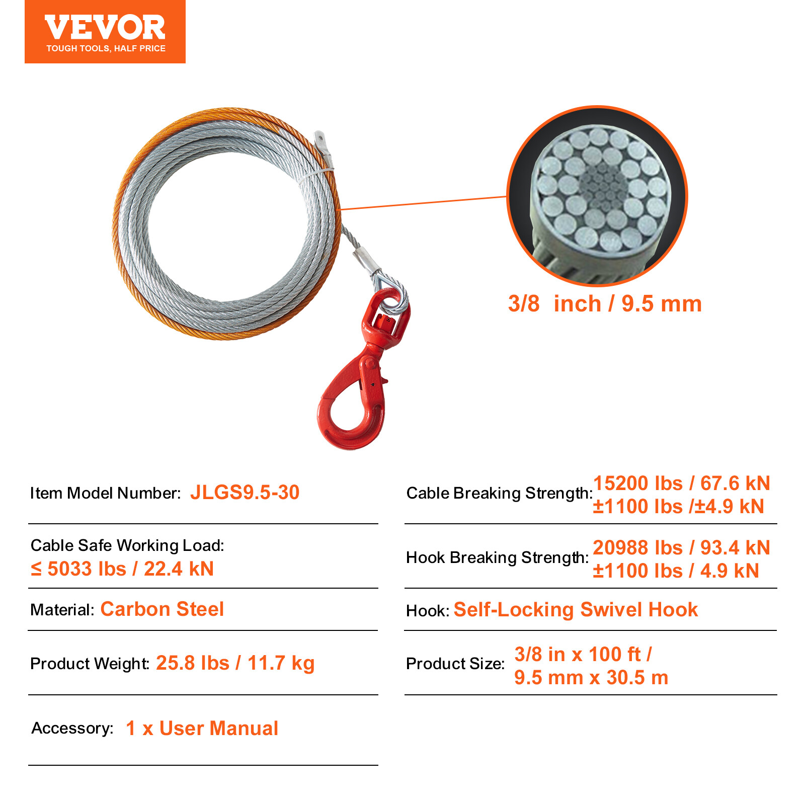 VEVOR Winch Cable Steel Core Wire Rope 3/8"x100' 15200lb Self Lock Swivel Hook
