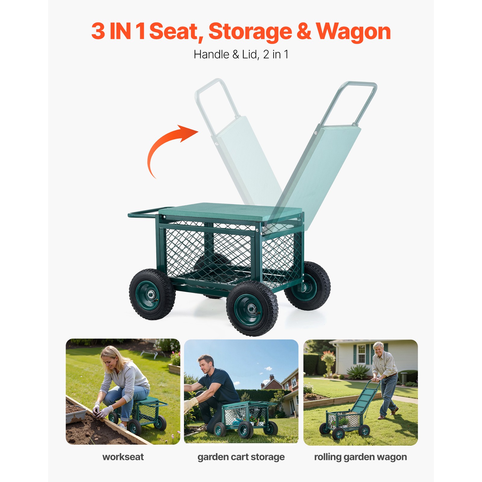 Rolling Garden Seat with Wheel 400LB Heavy Duty Metal Garden Cart with Storage