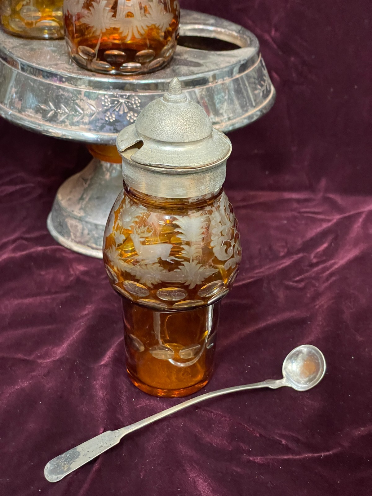 Antique 1800's Wilcox Silver Plate Cruet Condiment Set 3 Etched Amber Bottles