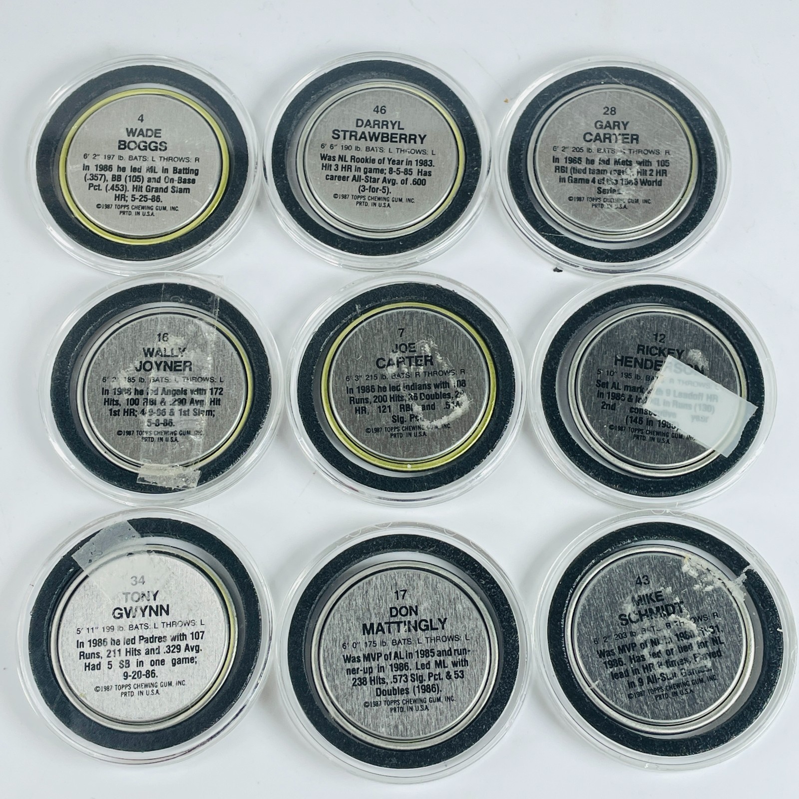 1987 Topps Baseball Coins Lot of 9 Star Players Mattingly Strawberry Puckett