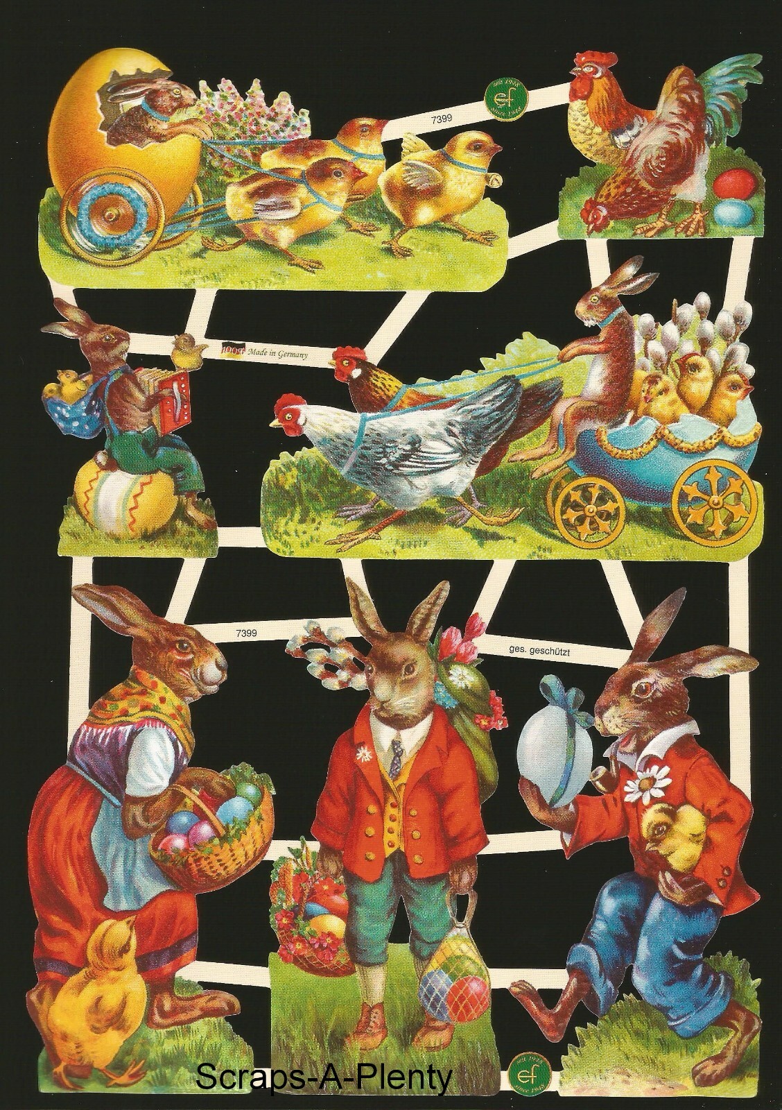 German Embossed Vintage Style Scrap Die Cut - Easter Chicks, Bunny & Eggs EF7399