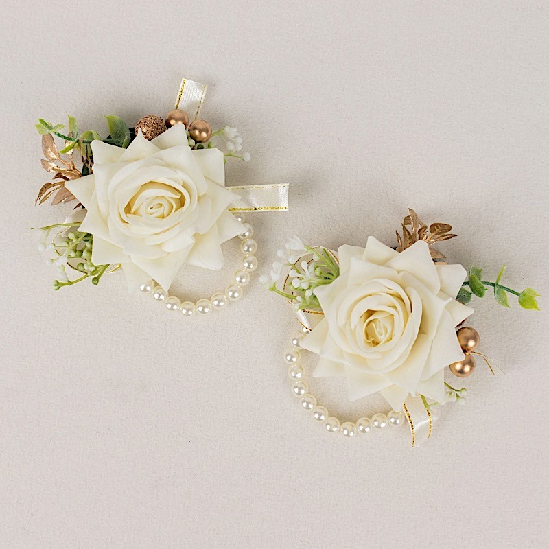 WHITE 2 SILK ROSES 4" Wrist Corsages with Pearls Wedding Flowers Party Bouquets