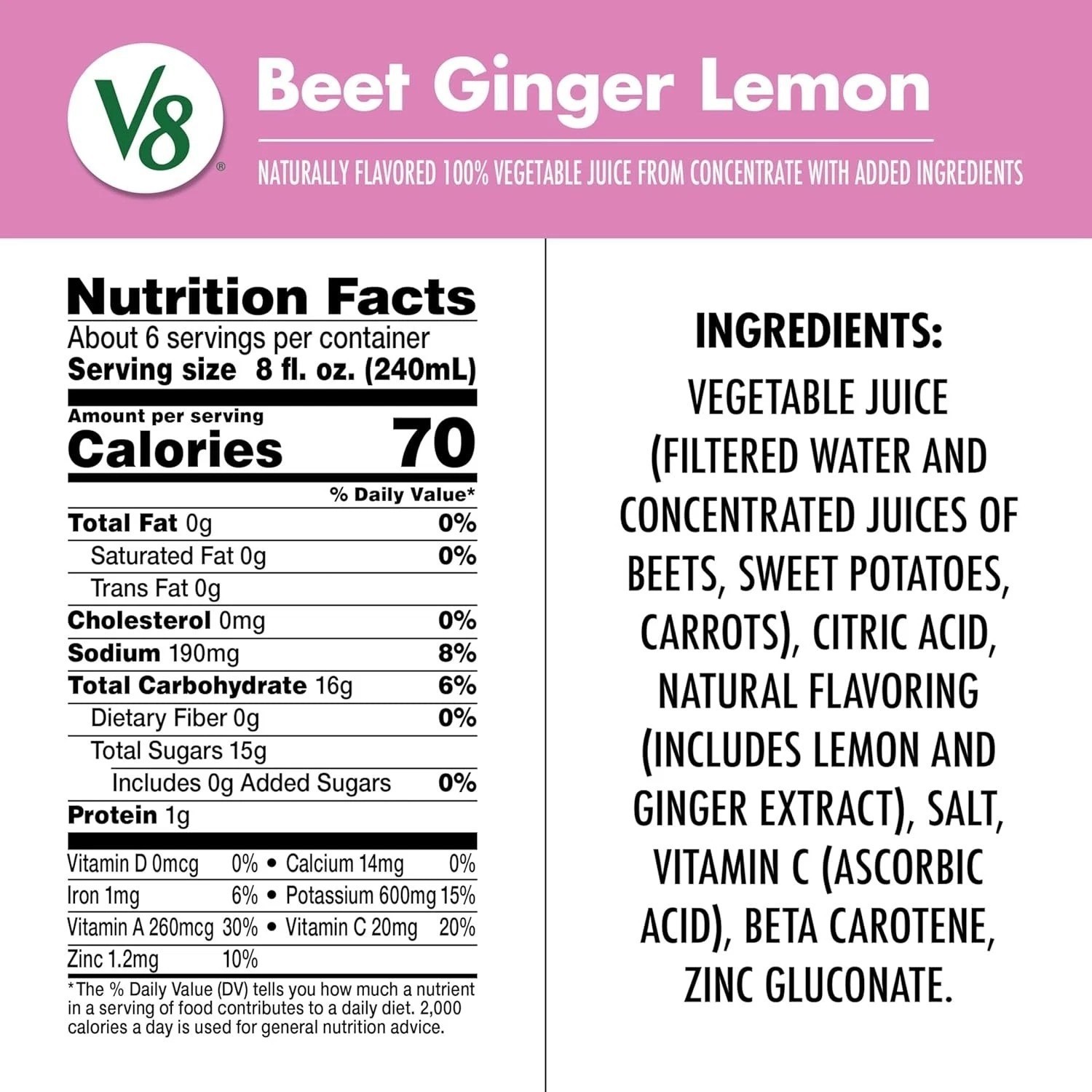 V8 Beet Ginger Lemon 100% Vegetable Juice, 46 fl oz Bottlel