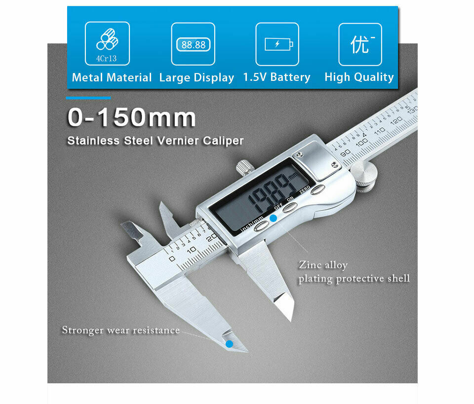 150mm Stainless Steel Caliper Vernier Micrometer Electronic Measuring Tool